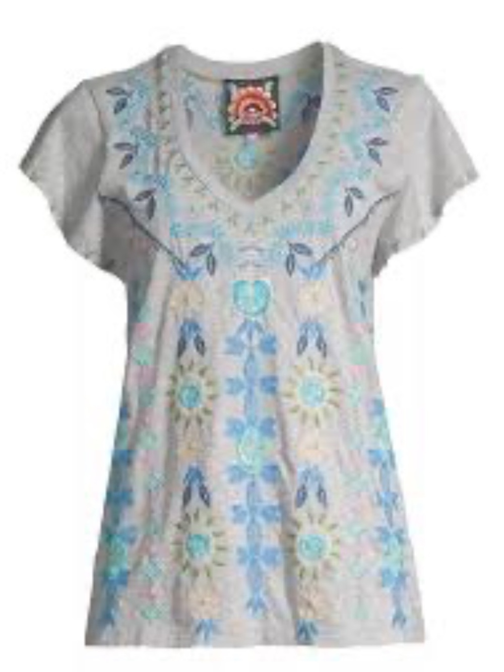 Johnny Was Gray Cotton Oriel Flutter Short Sleeve Embroidered Tee/T-Shirt SMALL